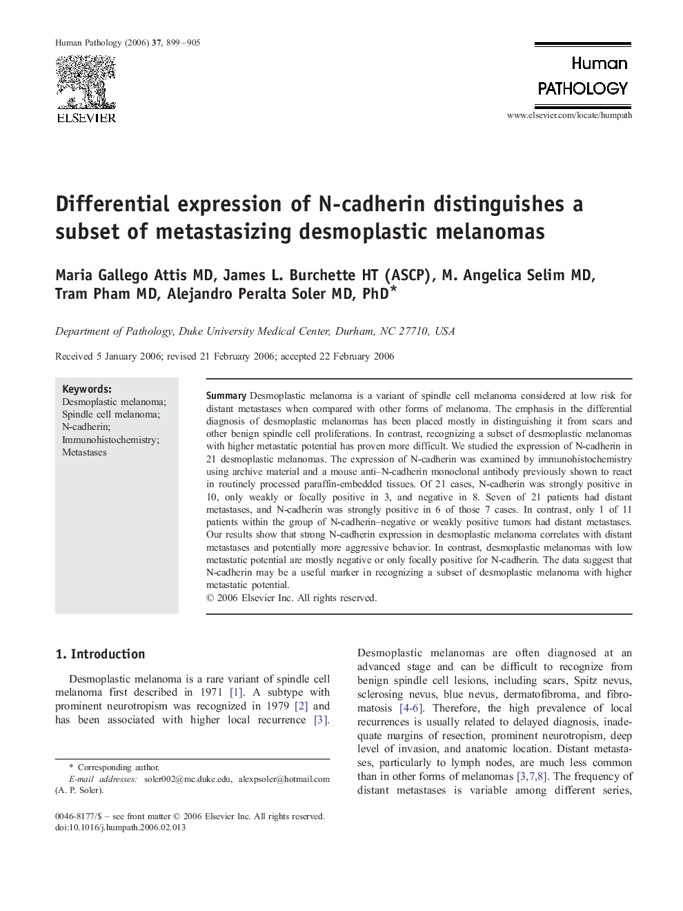 Differential expression of N-cadherin distinguishes a subset of metastasizing desmoplastic melanomas