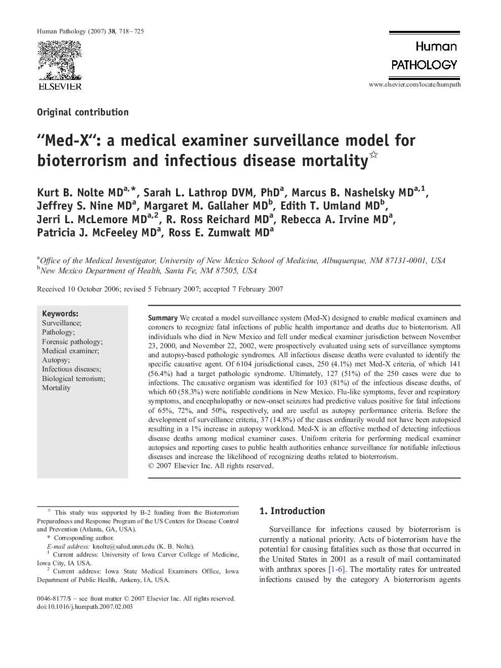 “Med-X”: a medical examiner surveillance model for bioterrorism and infectious disease mortality 