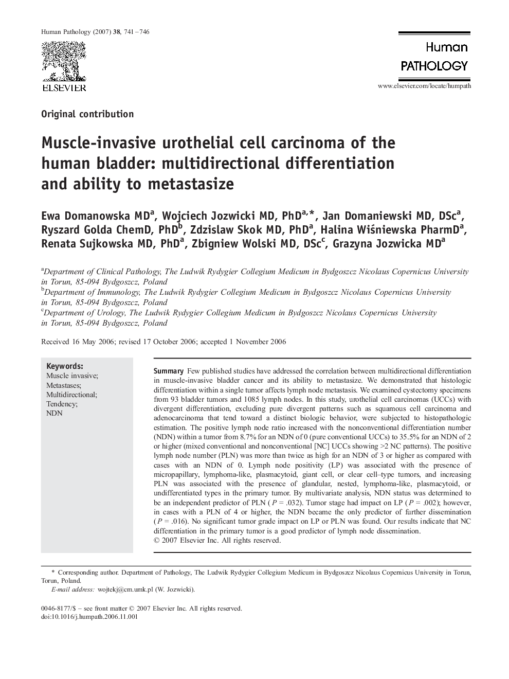 Muscle-invasive urothelial cell carcinoma of the human bladder: multidirectional differentiation and ability to metastasize