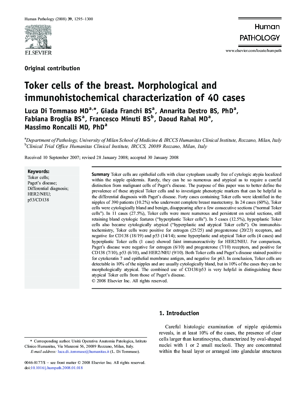 Toker cells of the breast. Morphological and immunohistochemical characterization of 40 cases