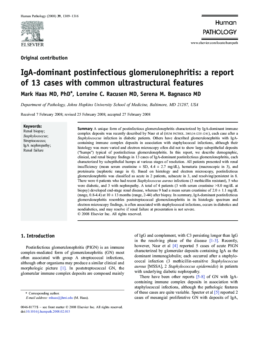 IgA-dominant postinfectious glomerulonephritis: a report of 13 cases with common ultrastructural features