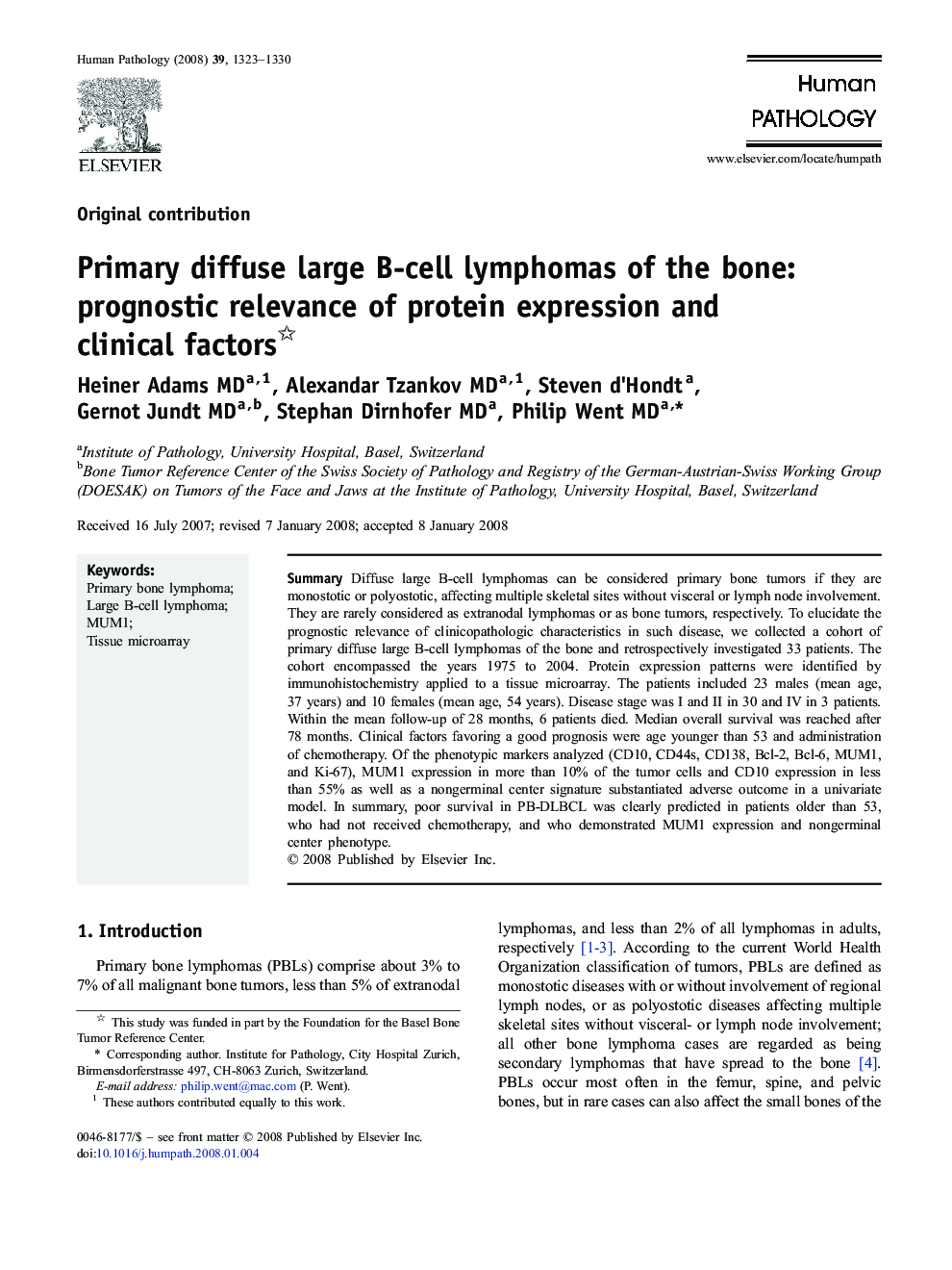 Primary diffuse large B-cell lymphomas of the bone: prognostic relevance of protein expression and clinical factors 