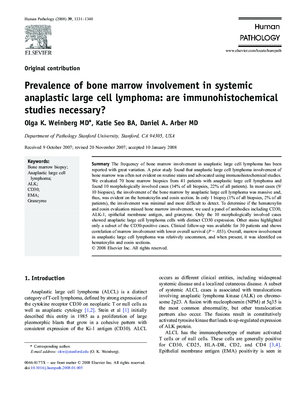 Prevalence of bone marrow involvement in systemic anaplastic large cell lymphoma: are immunohistochemical studies necessary?