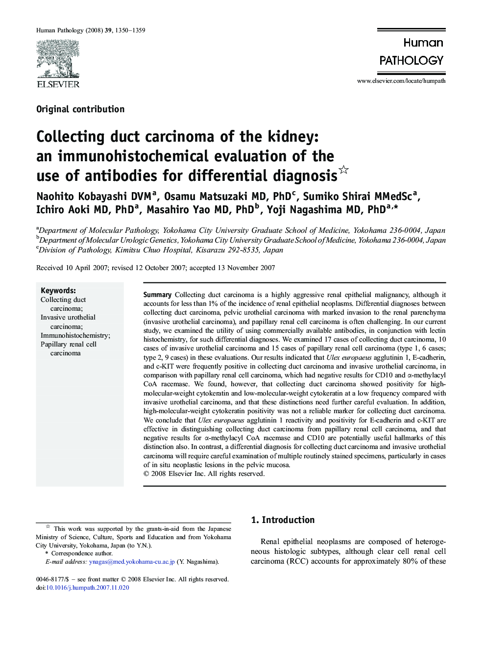 Collecting duct carcinoma of the kidney: an immunohistochemical evaluation of the use of antibodies for differential diagnosis 