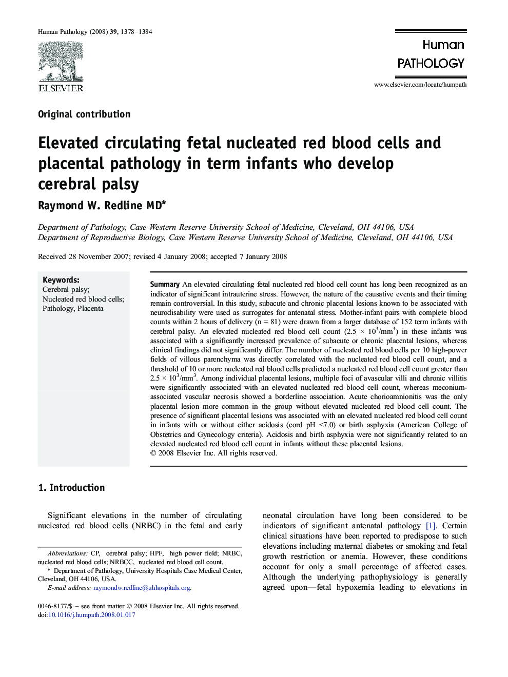 Elevated circulating fetal nucleated red blood cells and placental pathology in term infants who develop cerebral palsy