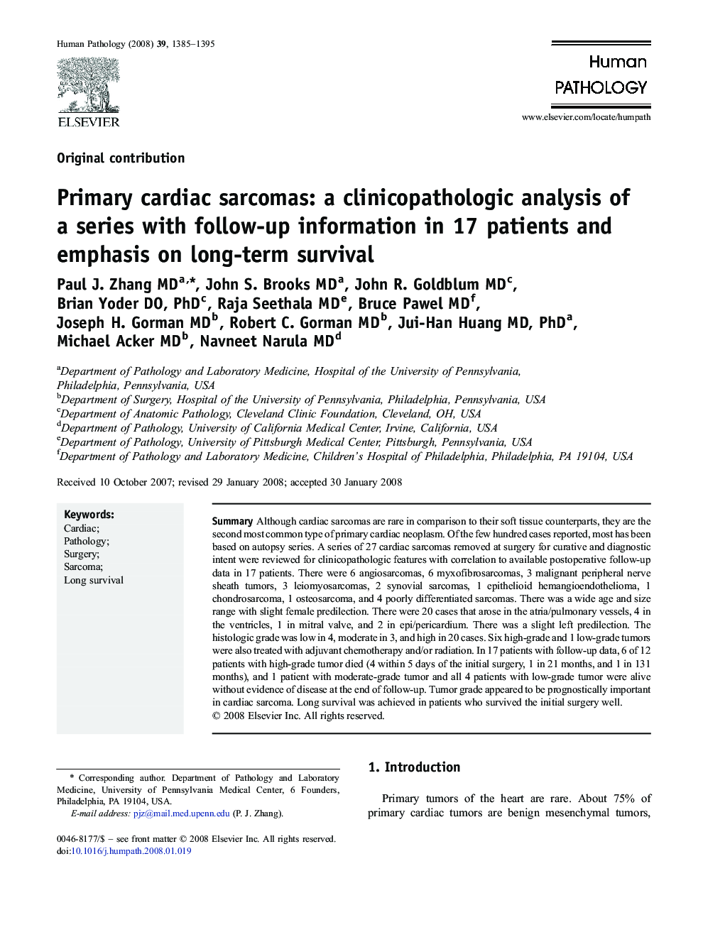 Primary cardiac sarcomas: a clinicopathologic analysis of a series with follow-up information in 17 patients and emphasis on long-term survival