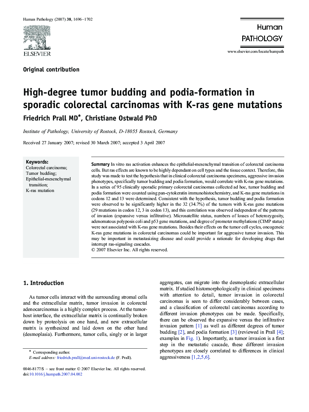High-degree tumor budding and podia-formation in sporadic colorectal carcinomas with K-ras gene mutations