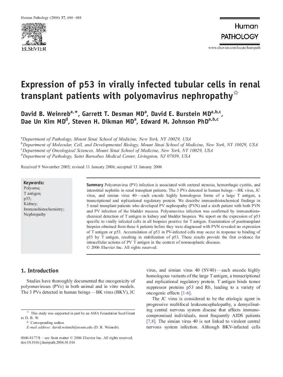 Expression of p53 in virally infected tubular cells in renal transplant patients with polyomavirus nephropathy 