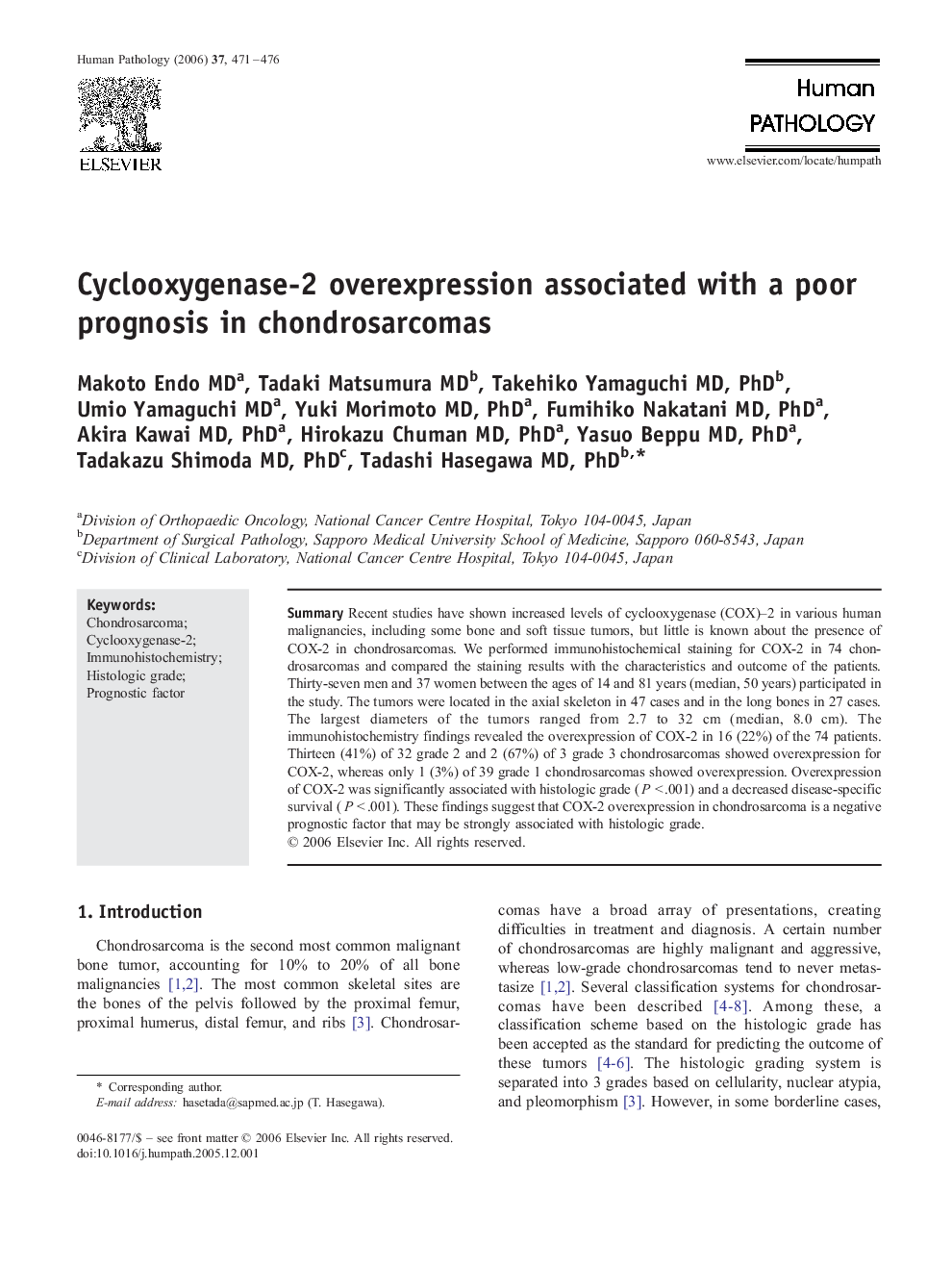 Cyclooxygenase-2 overexpression associated with a poor prognosis in chondrosarcomas