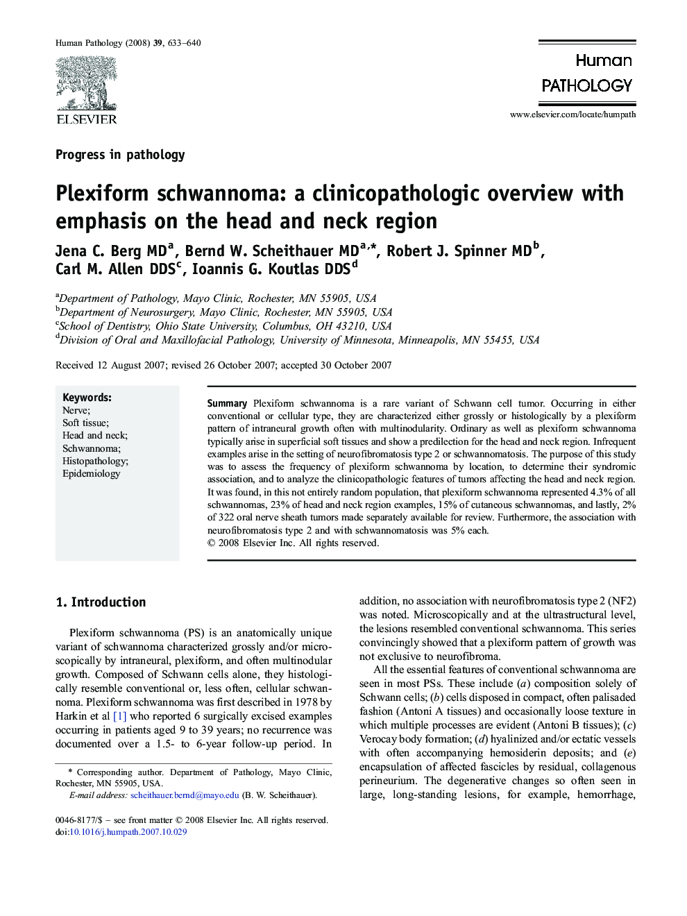 Plexiform schwannoma: a clinicopathologic overview with emphasis on the head and neck region