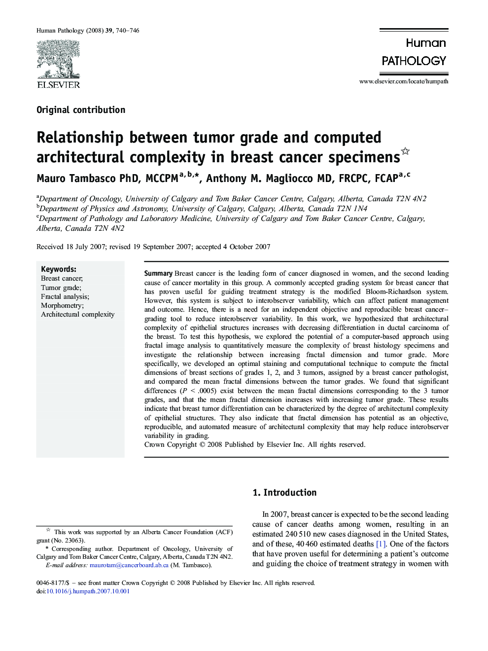 Relationship between tumor grade and computed architectural complexity in breast cancer specimens