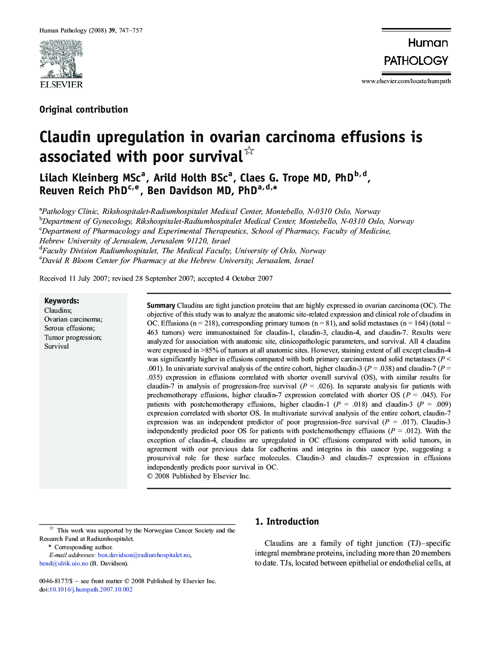 Claudin upregulation in ovarian carcinoma effusions is associated with poor survival 