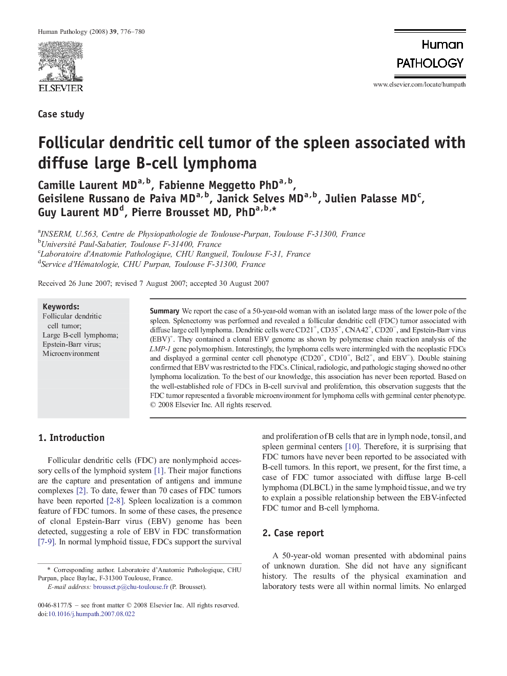 Follicular dendritic cell tumor of the spleen associated with diffuse large B-cell lymphoma