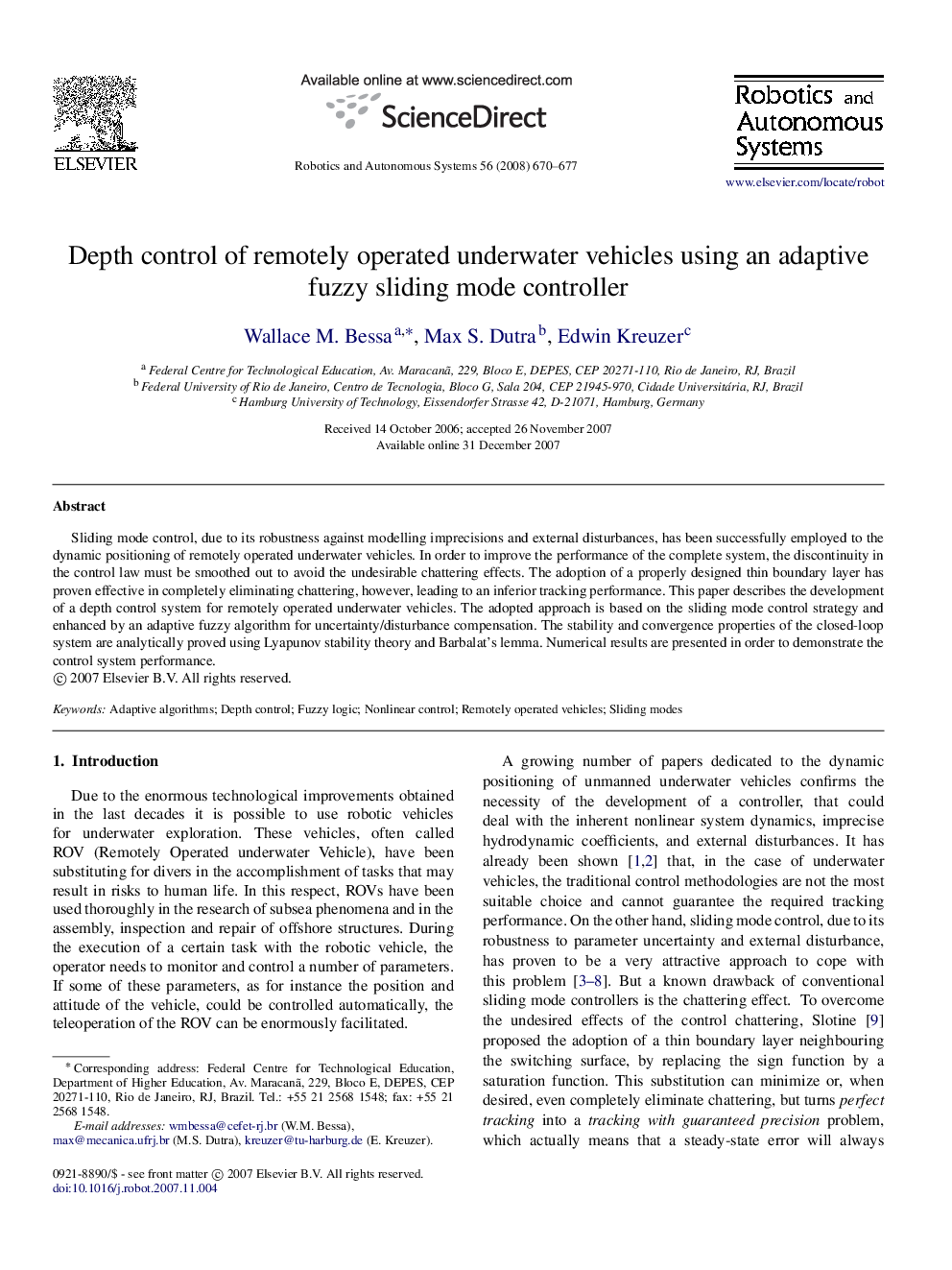 Depth control of remotely operated underwater vehicles using an adaptive fuzzy sliding mode controller