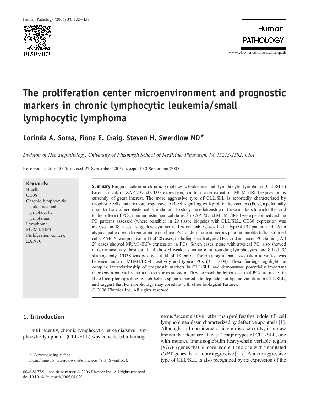 The proliferation center microenvironment and prognostic markers in chronic lymphocytic leukemia/small lymphocytic lymphoma