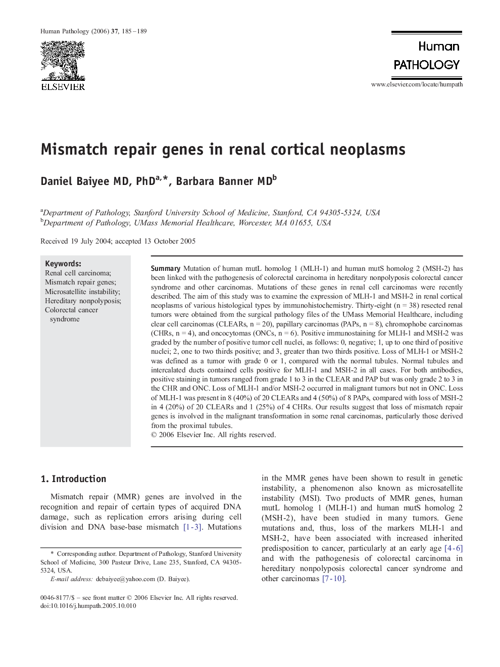 Mismatch repair genes in renal cortical neoplasms