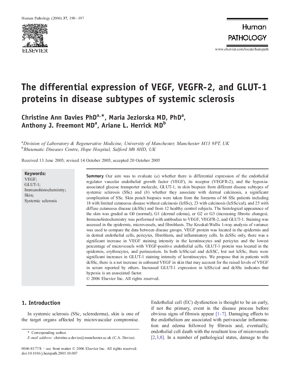 The differential expression of VEGF, VEGFR-2, and GLUT-1 proteins in disease subtypes of systemic sclerosis