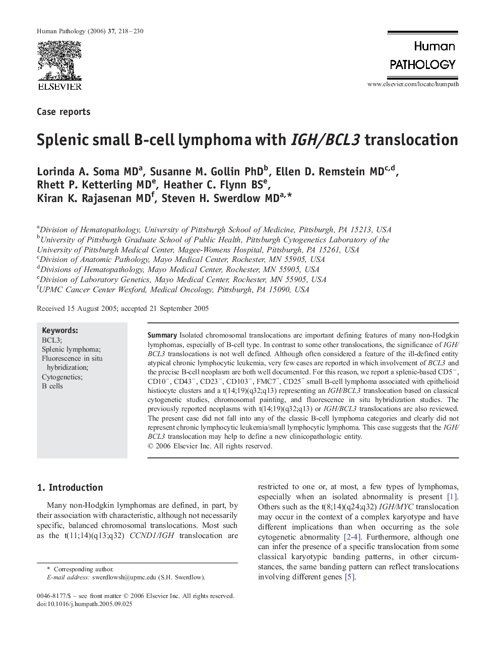 Splenic small B-cell lymphoma with IGH/BCL3 translocation