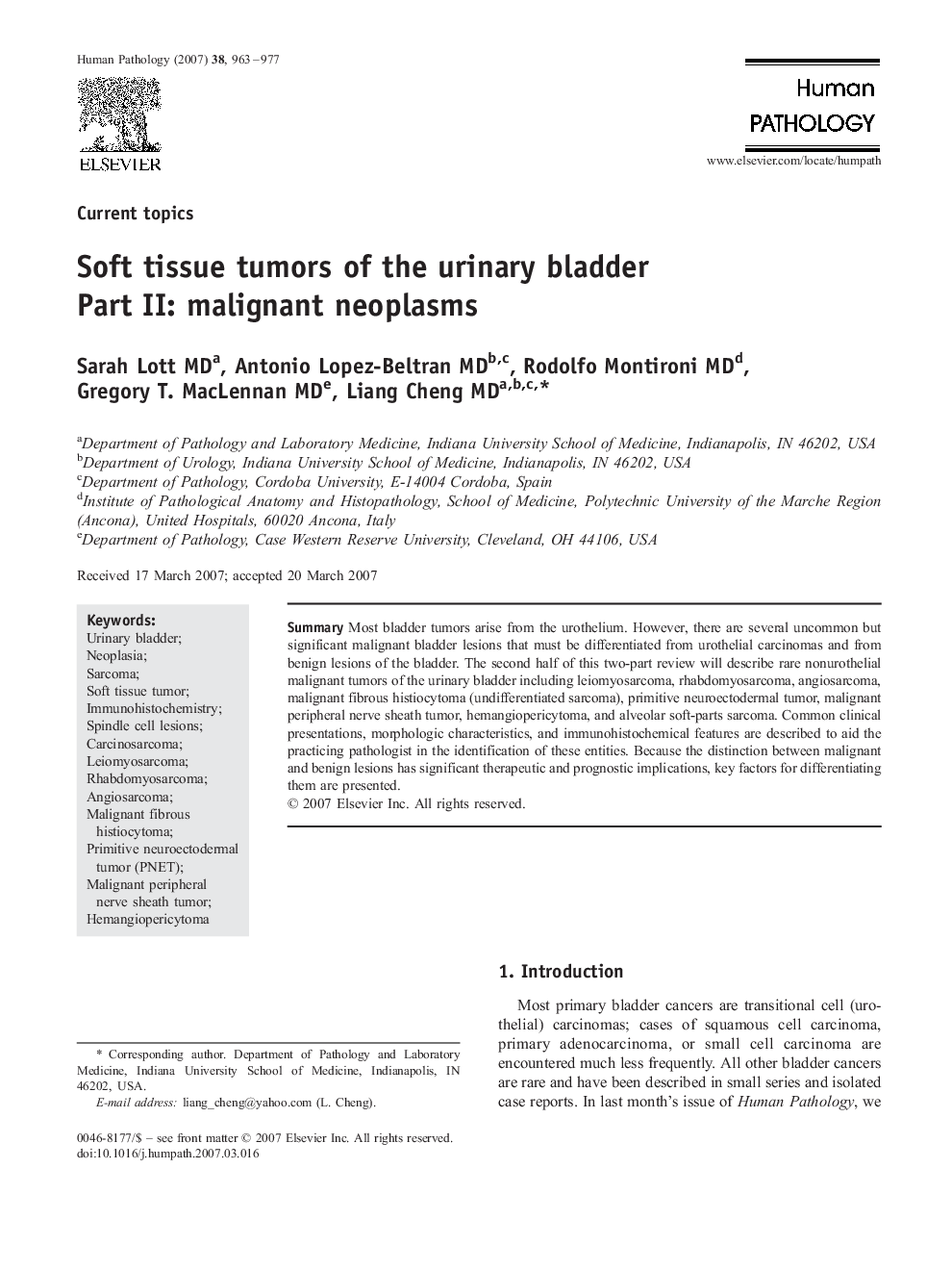 Soft tissue tumors of the urinary bladder: Part II: malignant neoplasms