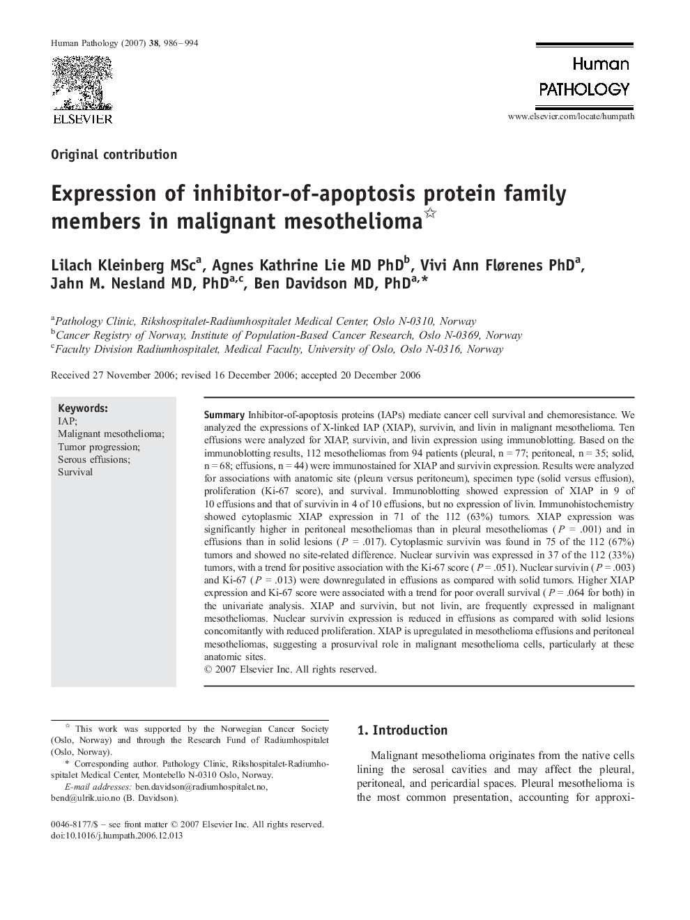 Expression of inhibitor-of-apoptosis protein family members in malignant mesothelioma 