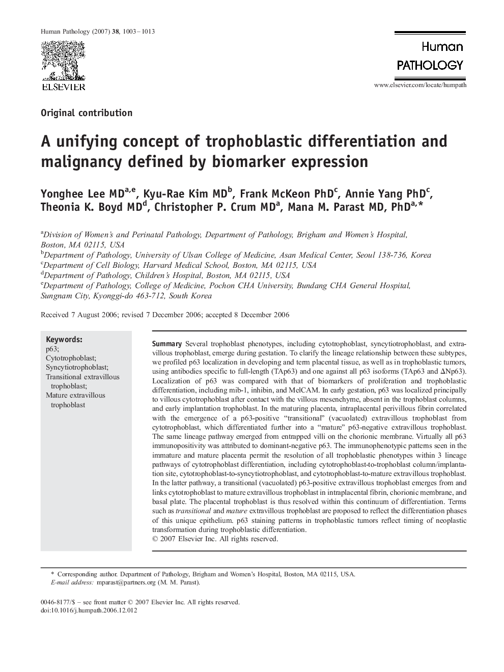 A unifying concept of trophoblastic differentiation and malignancy defined by biomarker expression