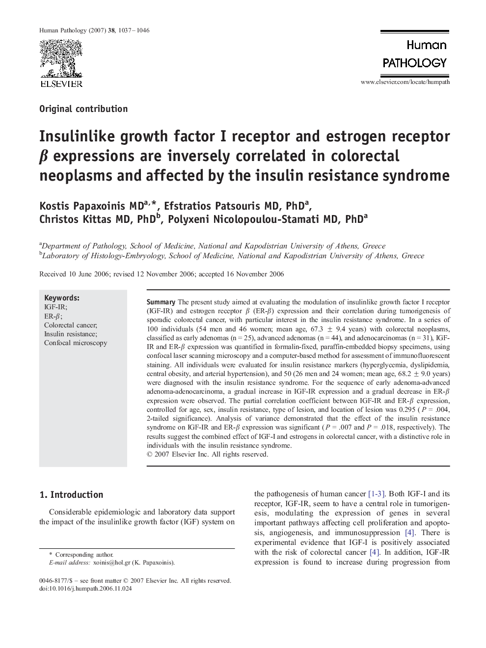 Insulinlike growth factor I receptor and estrogen receptor β expressions are inversely correlated in colorectal neoplasms and affected by the insulin resistance syndrome