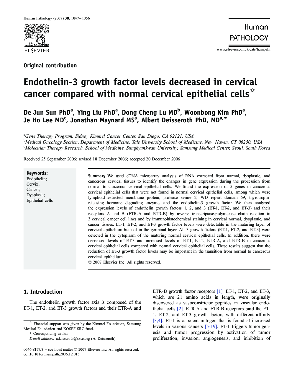 Endothelin-3 growth factor levels decreased in cervical cancer compared with normal cervical epithelial cells 