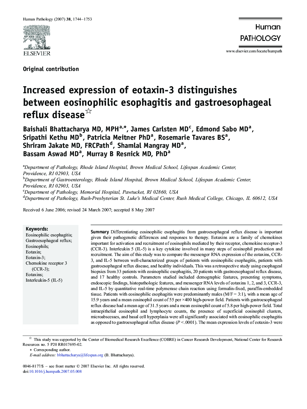 Increased expression of eotaxin-3 distinguishes between eosinophilic esophagitis and gastroesophageal reflux disease 