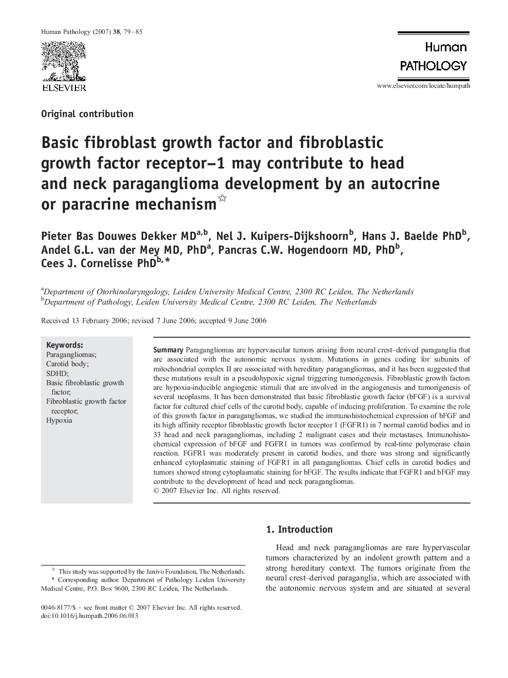 عکس صفحه اول مقاله: Basic fibroblast growth factor and fibroblastic growth factor receptor–1 may contribute to head and neck paraganglioma development by an autocrine or paracrine mechanism Basic fibroblast growth factor and fibroblastic growth factor receptor–1 may contribute to head and neck paraganglioma development by an autocrine or paracrine mechanism
