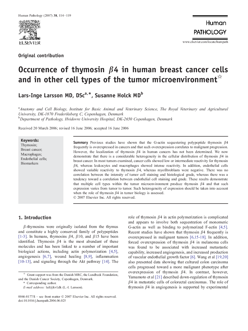 Occurrence of thymosin β4 in human breast cancer cells and in other cell types of the tumor microenvironment 
