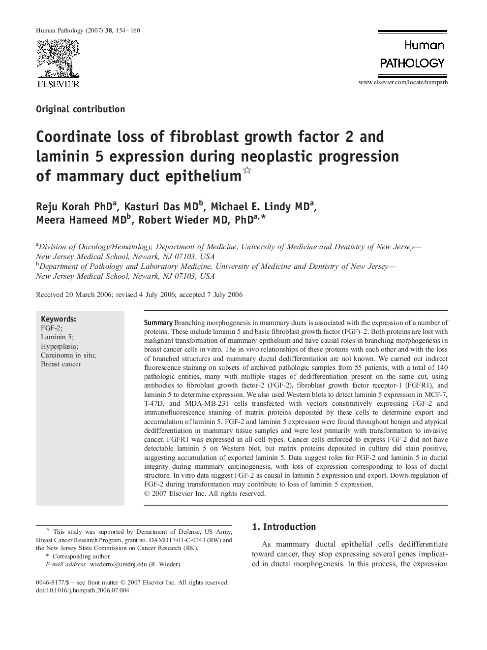 Coordinate loss of fibroblast growth factor 2 and laminin 5 expression during neoplastic progression of mammary duct epithelium 