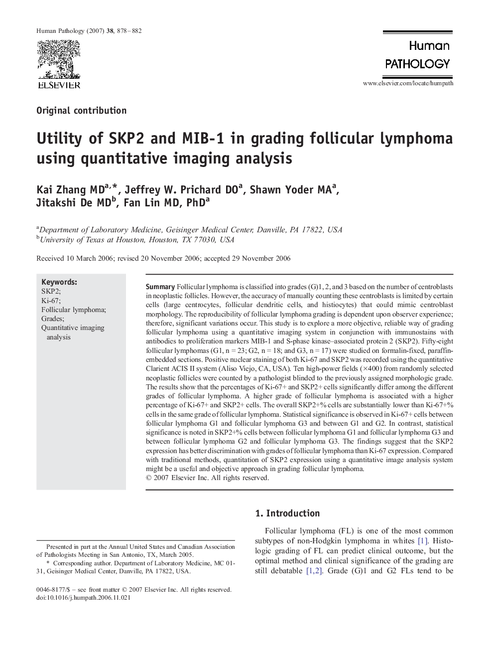 Utility of SKP2 and MIB-1 in grading follicular lymphoma using quantitative imaging analysis 