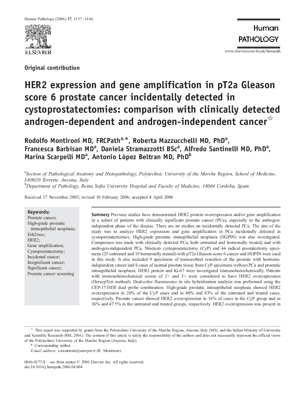 HER2 expression and gene amplification in pT2a Gleason score 6 prostate cancer incidentally detected in cystoprostatectomies: comparison with clinically detected androgen-dependent and androgen-independent cancer 