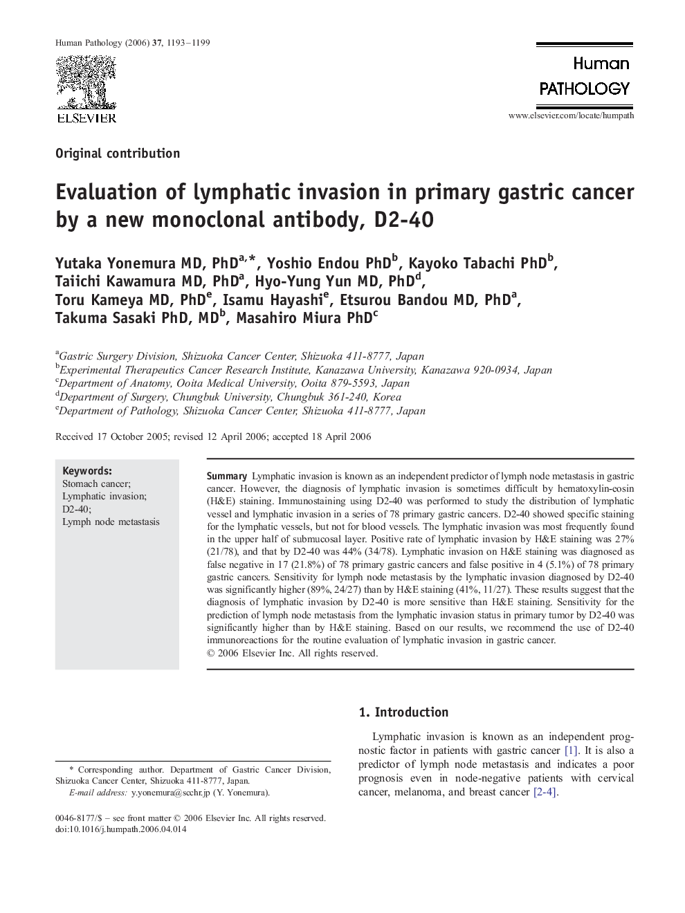 Evaluation of lymphatic invasion in primary gastric cancer by a new monoclonal antibody, D2-40