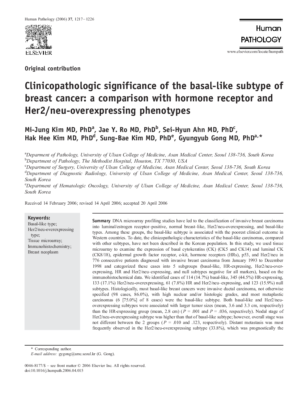 Clinicopathologic significance of the basal-like subtype of breast cancer: a comparison with hormone receptor and Her2/neu-overexpressing phenotypes