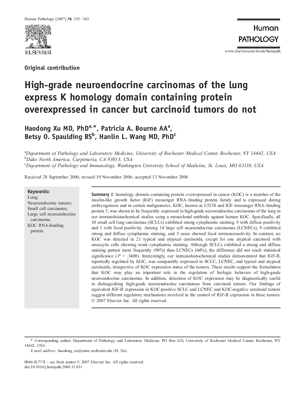 High-grade neuroendocrine carcinomas of the lung express K homology domain containing protein overexpressed in cancer but carcinoid tumors do not