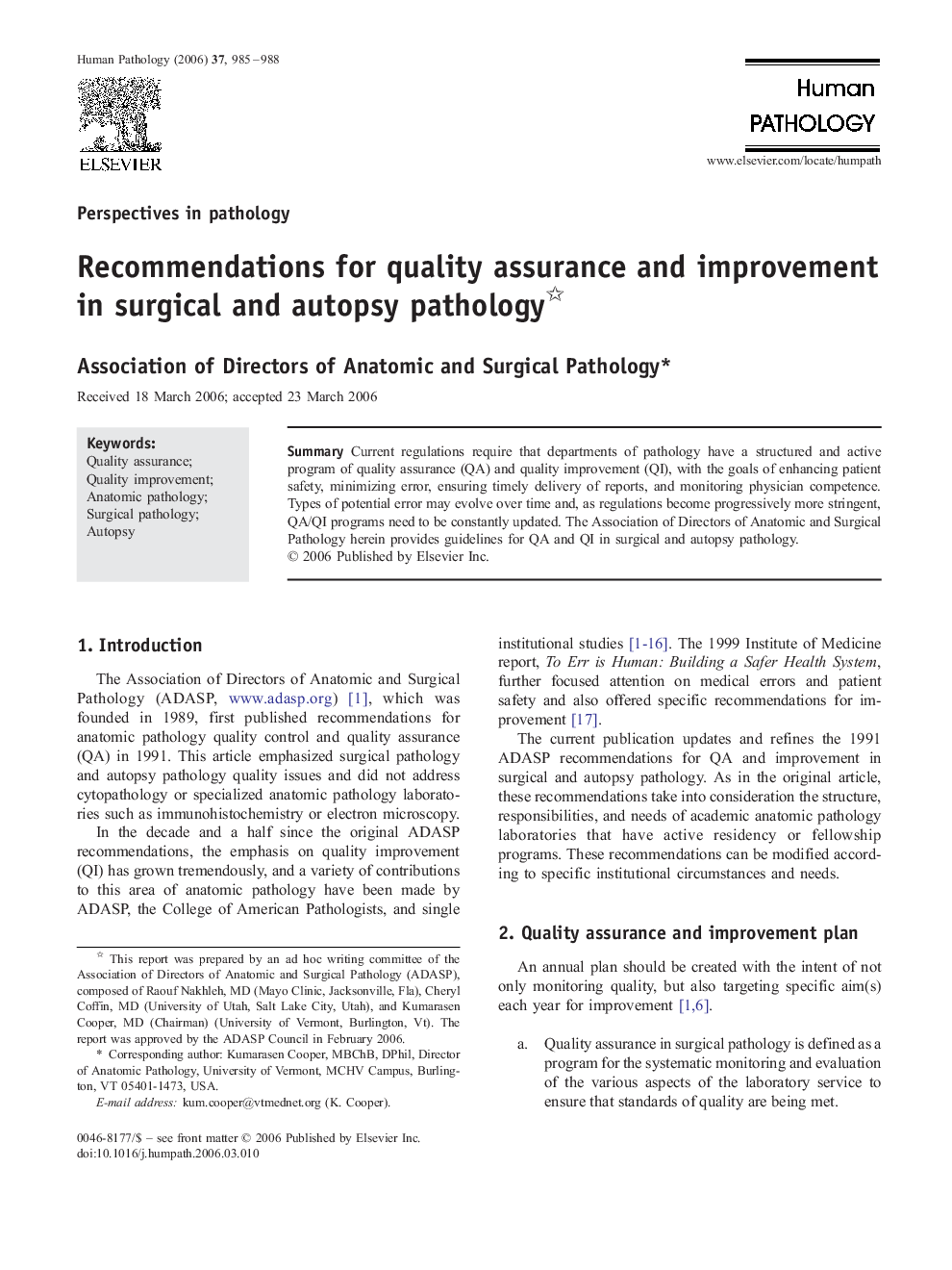 Recommendations for quality assurance and improvement in surgical and autopsy pathology 