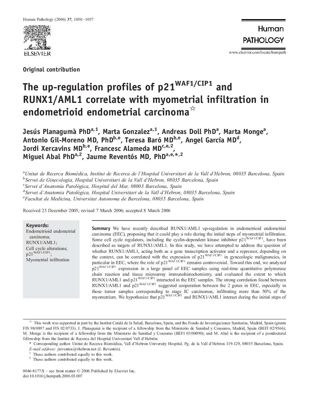 The up-regulation profiles of p21WAF1/CIP1 and RUNX1/AML1 correlate with myometrial infiltration in endometrioid endometrial carcinoma 