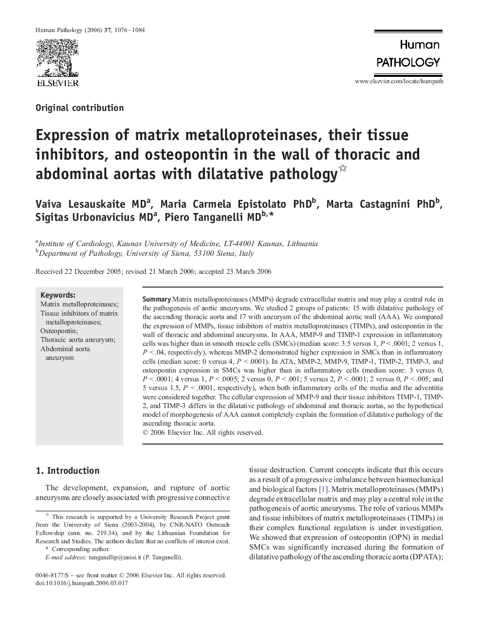 Expression of matrix metalloproteinases, their tissue inhibitors, and osteopontin in the wall of thoracic and abdominal aortas with dilatative pathology 