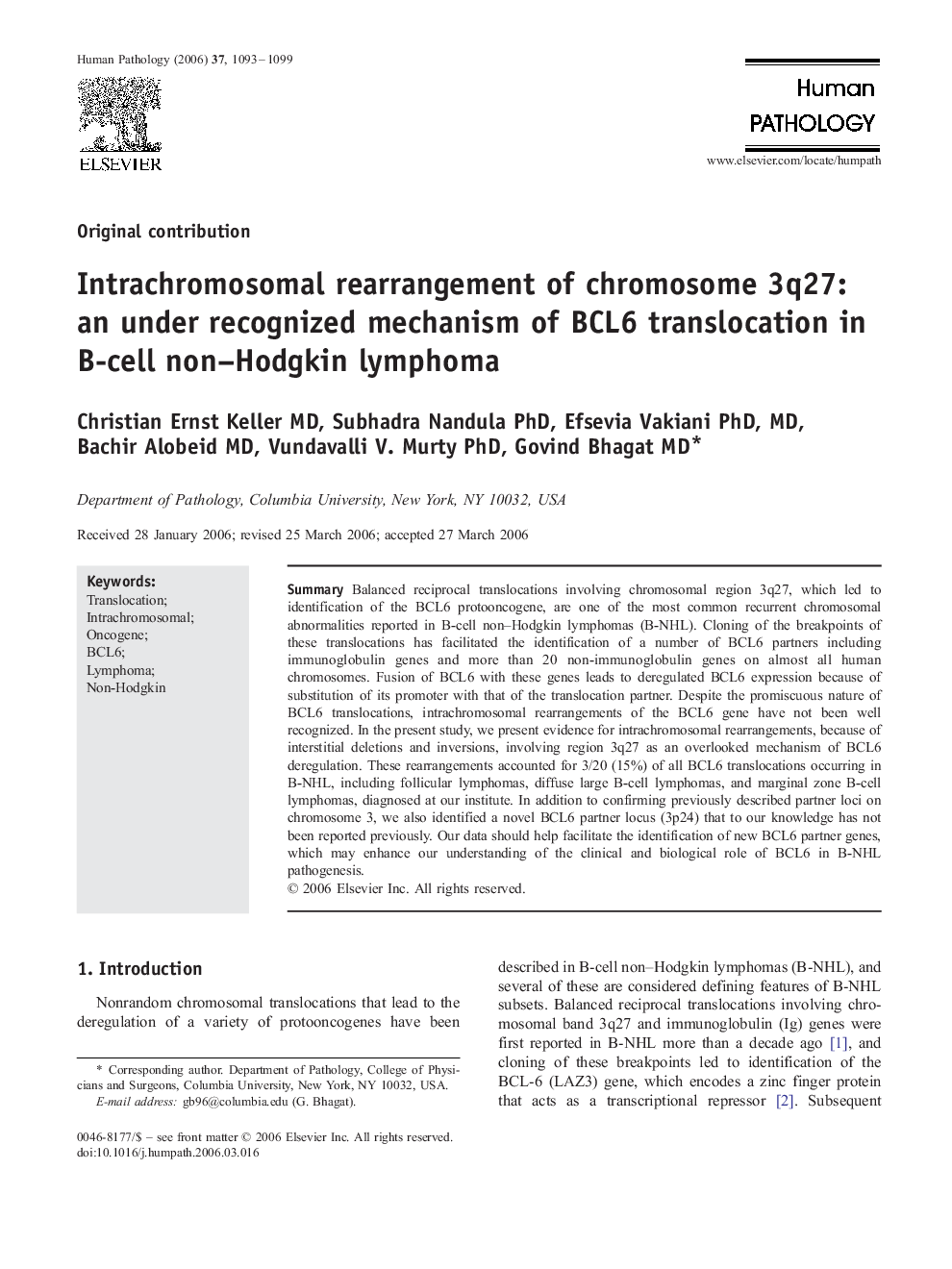 Intrachromosomal rearrangement of chromosome 3q27: an under recognized mechanism of BCL6 translocation in B-cell non–Hodgkin lymphoma