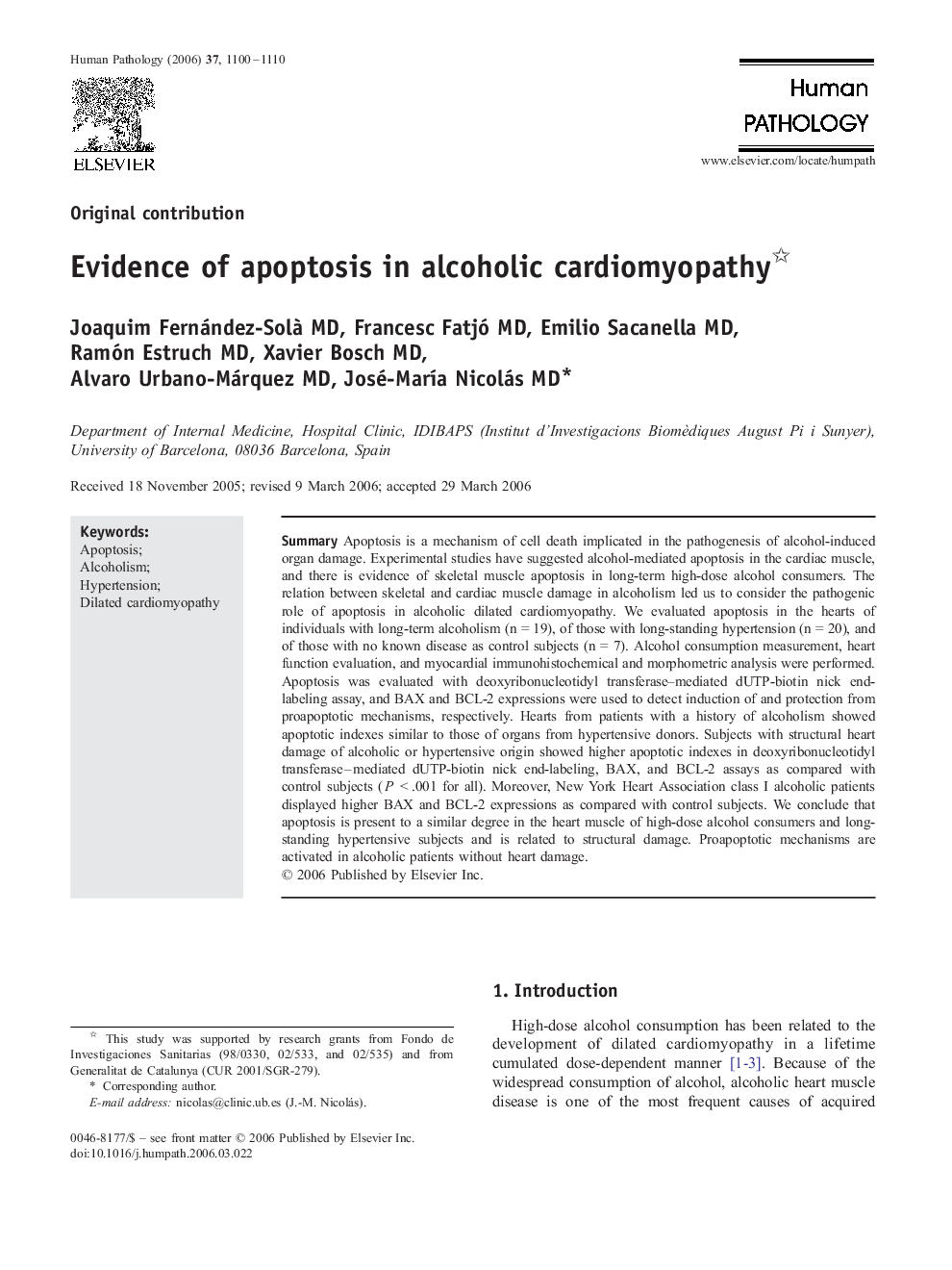 Evidence of apoptosis in alcoholic cardiomyopathy 