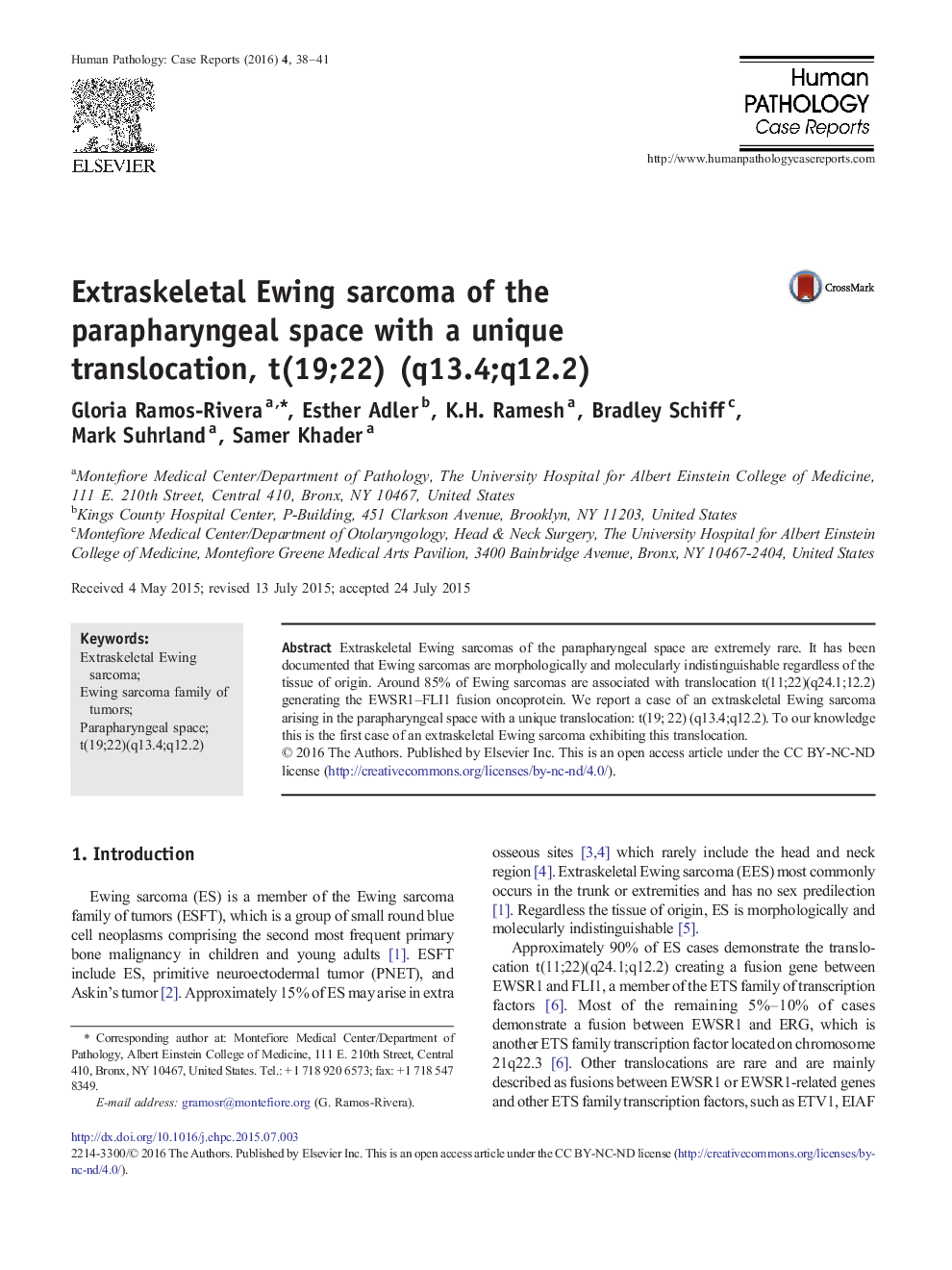 سارکوم اوینگ اسکلتی فوقانی از فضای پارافارنژه با انتقال منحصر به فرد، t(19؛ 22) (q13.4؛ q12.2)