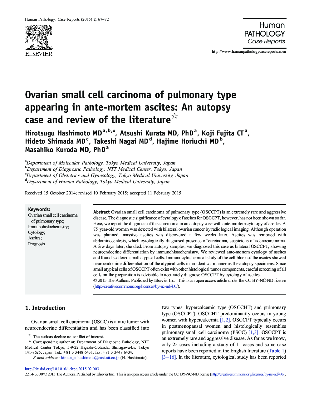 Ovarian small cell carcinoma of pulmonary type appearing in ante-mortem ascites: An autopsy case and review of the literature 