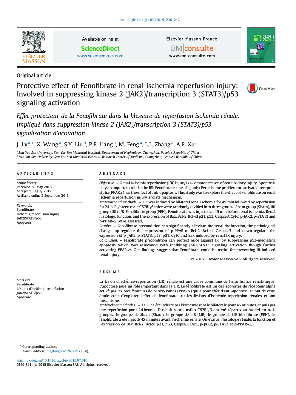 Protective effect of Fenofibrate in renal ischemia reperfusion injury: Involved in suppressing kinase 2 (JAK2)/transcription 3 (STAT3)/p53 signaling activation