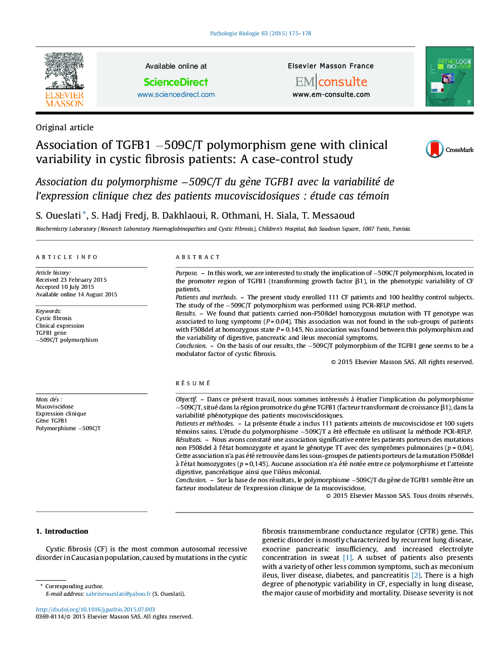 Association of TGFB1 −509C/T polymorphism gene with clinical variability in cystic fibrosis patients: A case-control study