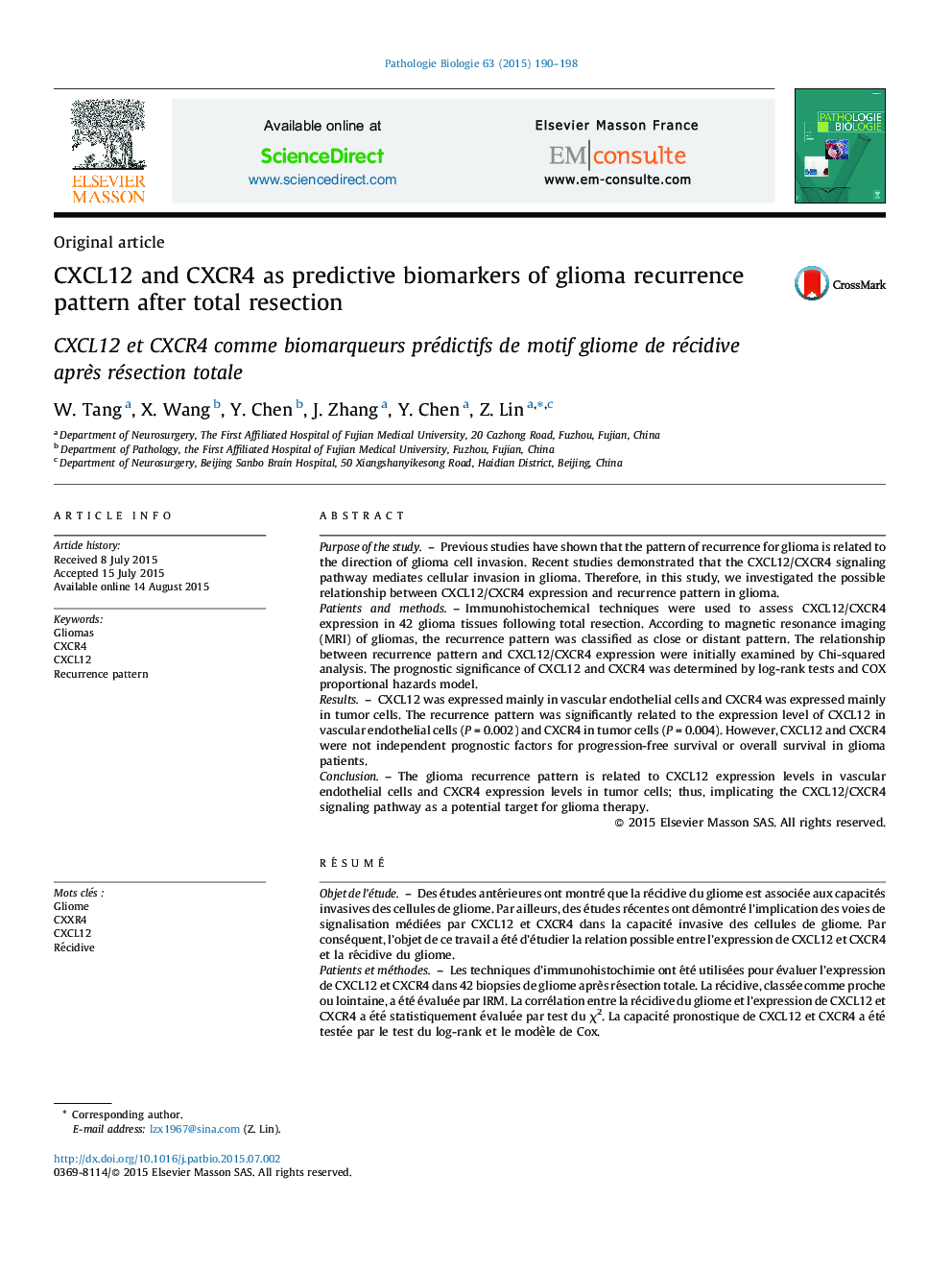 CXCL12 and CXCR4 as predictive biomarkers of glioma recurrence pattern after total resection