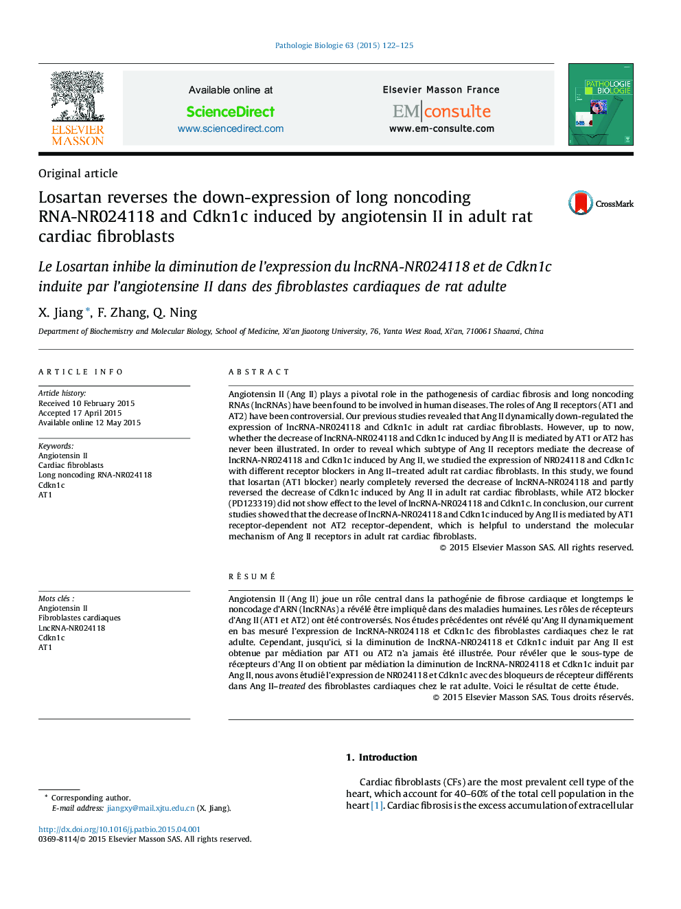 Losartan reverses the down-expression of long noncoding RNA-NR024118 and Cdkn1c induced by angiotensin II in adult rat cardiac fibroblasts