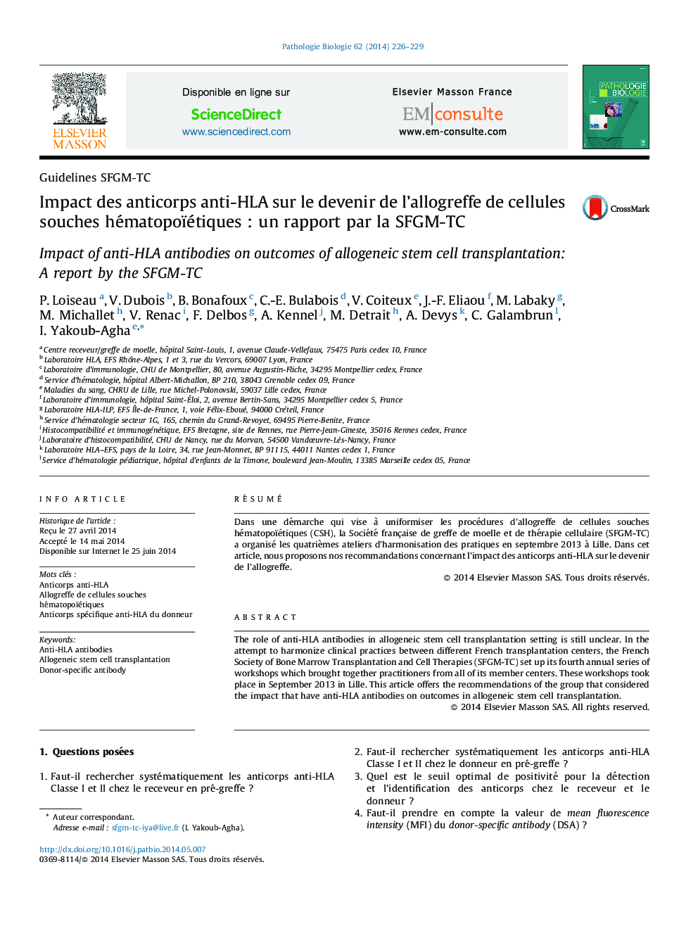 Impact des anticorps anti-HLA sur le devenir de l’allogreffe de cellules souches hématopoïétiques : un rapport par la SFGM-TC