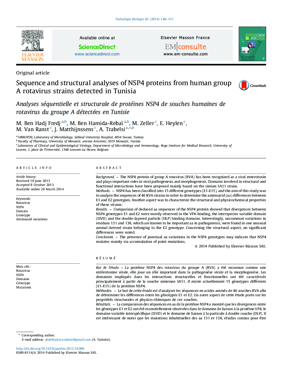 Sequence and structural analyses of NSP4 proteins from human group A rotavirus strains detected in Tunisia