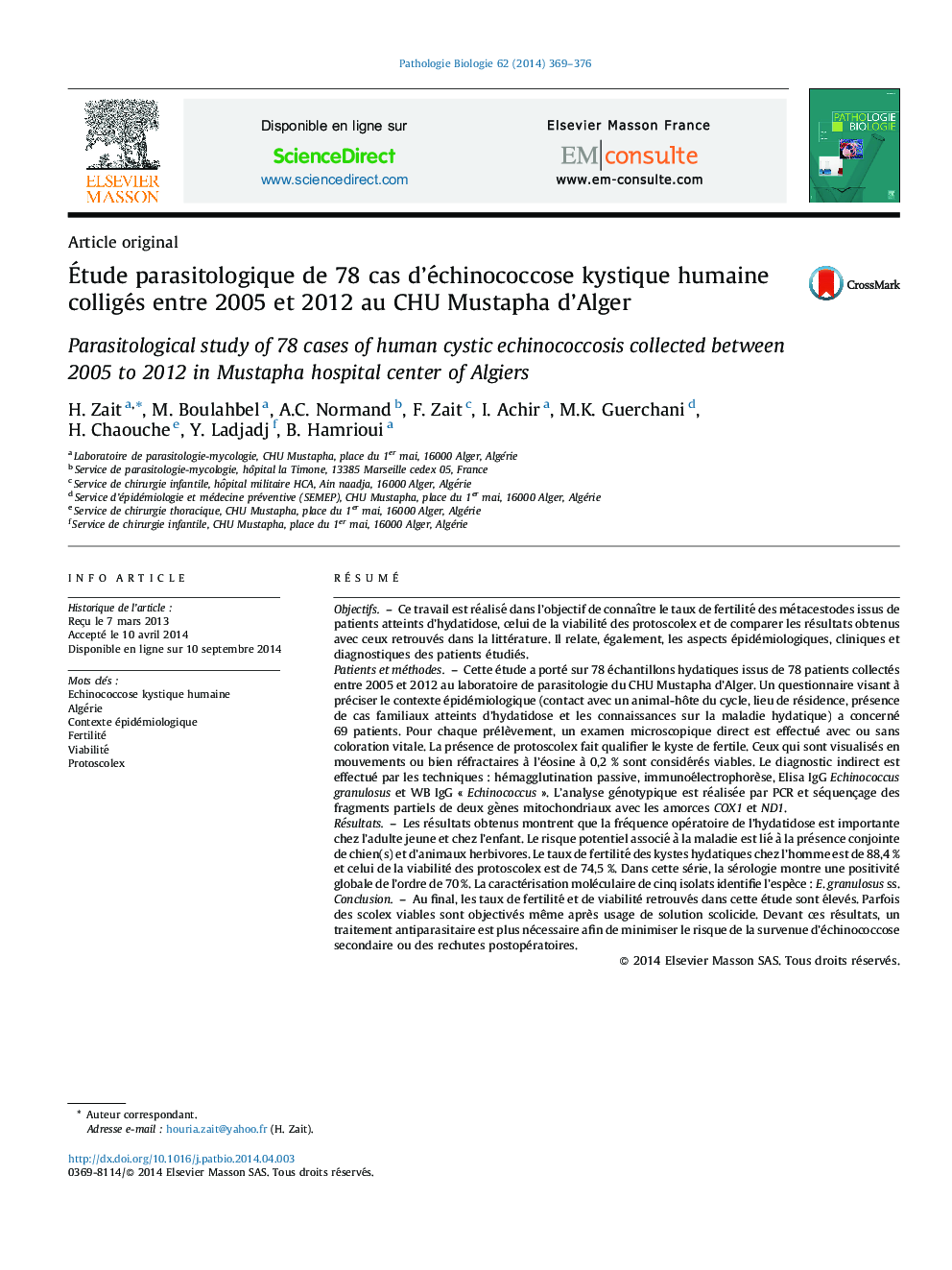 Étude parasitologique de 78 cas d’échinococcose kystique humaine colligés entre 2005 et 2012 au CHU Mustapha d’Alger